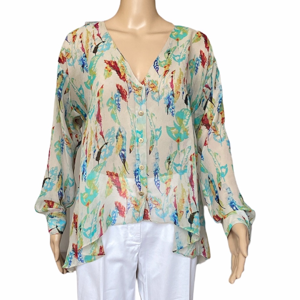 Rachel Roy feather print sheer silk oversized hi-low hem blouse
